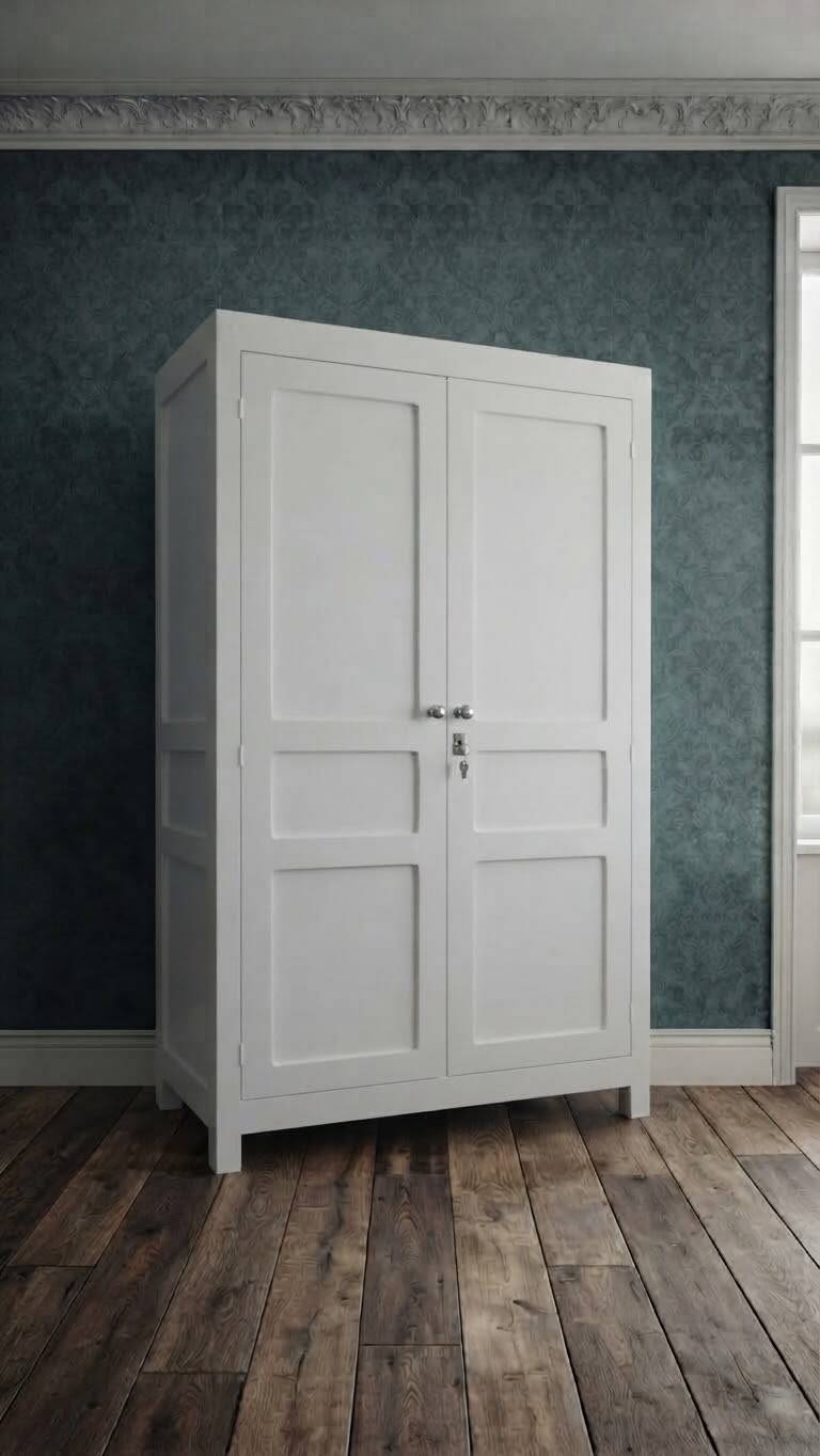 Antique Parisian wardrobe in white wood with shelves from the 1950s.