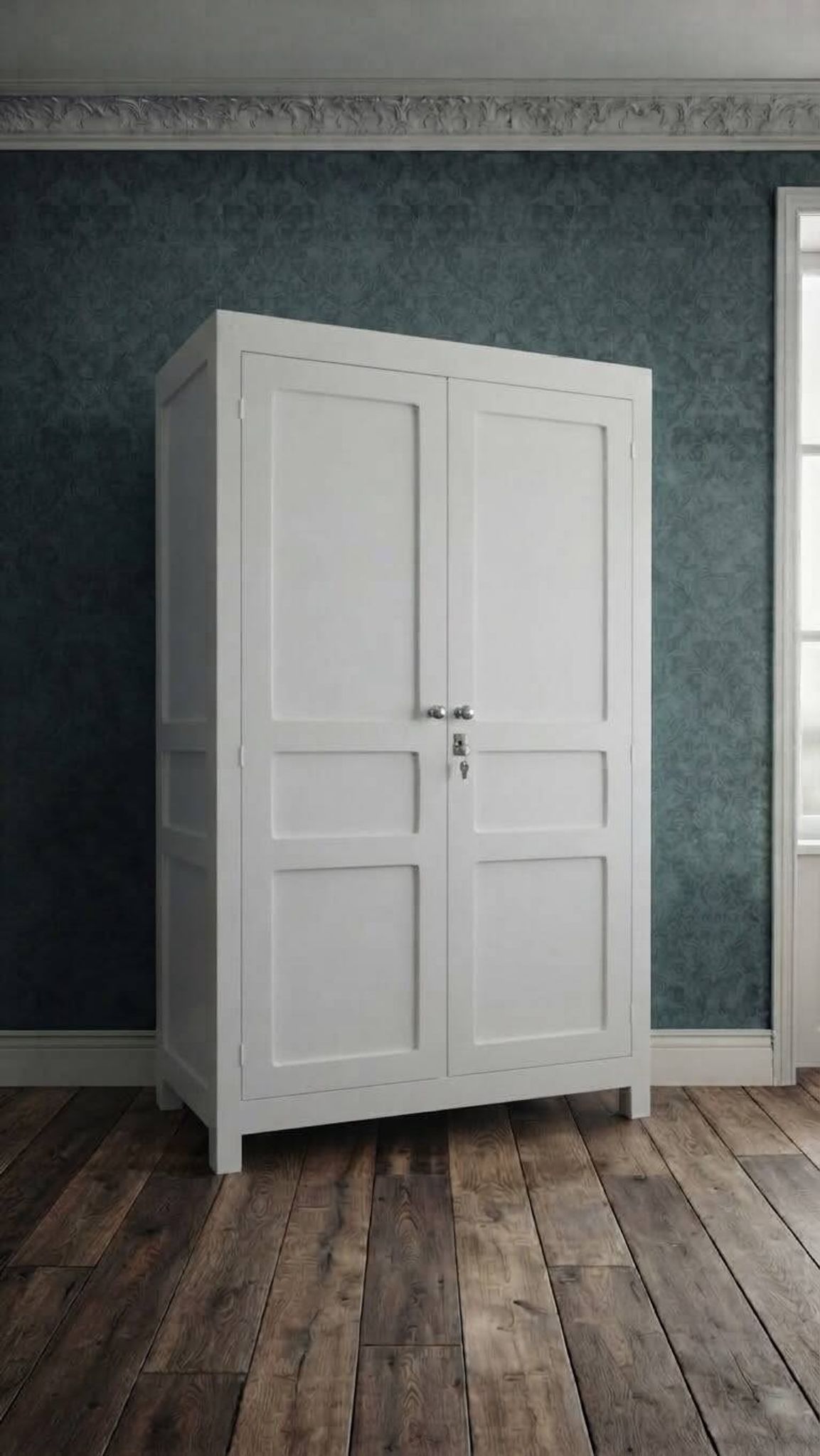 Antique Parisian wardrobe in white wood with shelves from the 1950s.