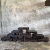 Small stool, black solid teak accent stool wabi-sabi L30 W8.5 H6.