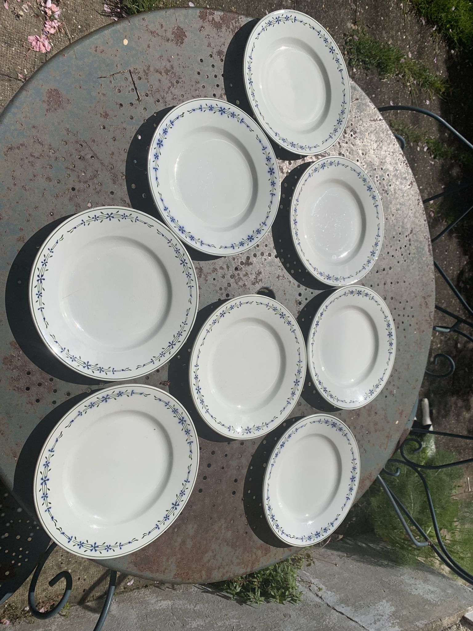 8 flat plates with blue flower pattern earthenware niderviller moselle france art deco