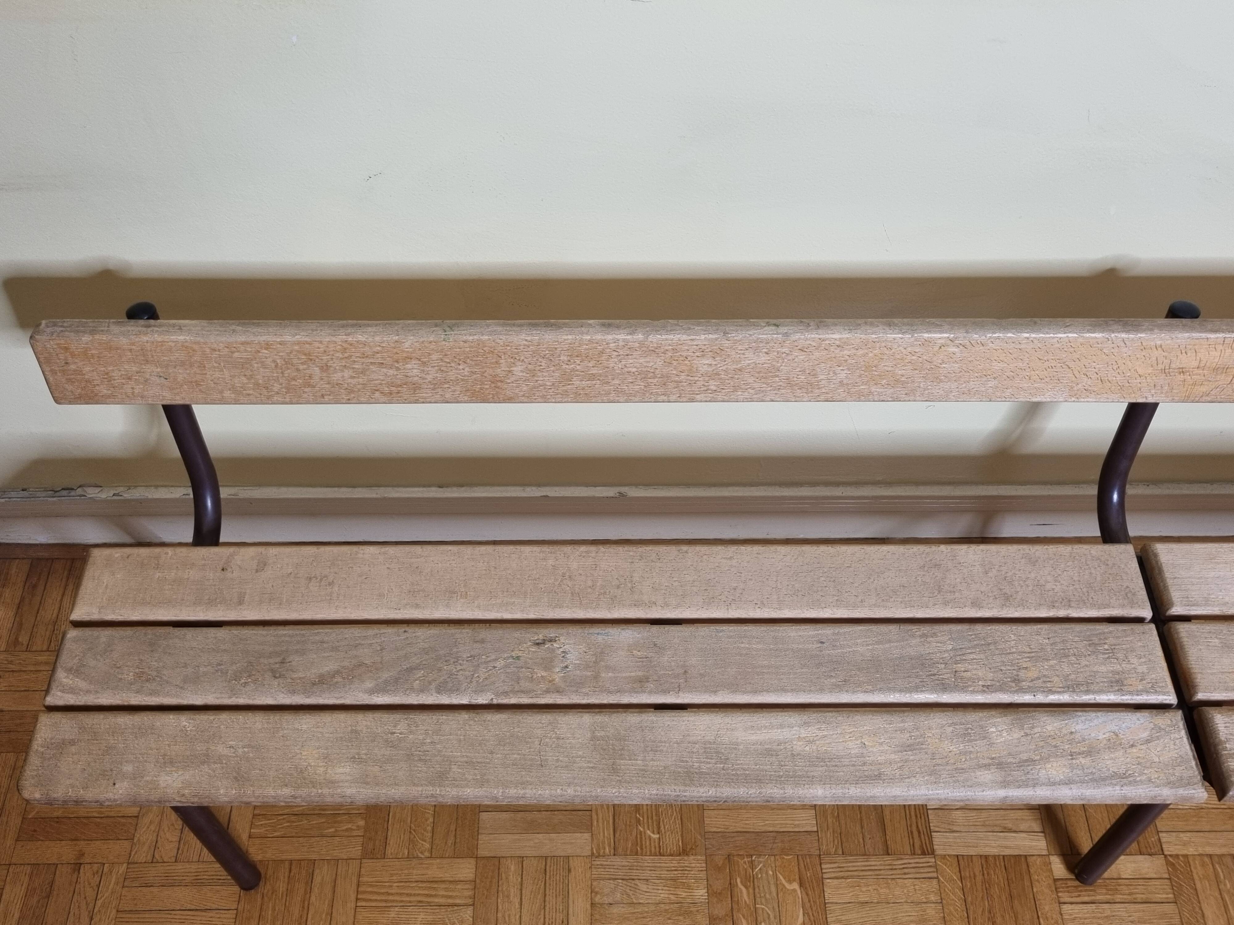 Vintage wooden and metal kindergarten bench, 2 m