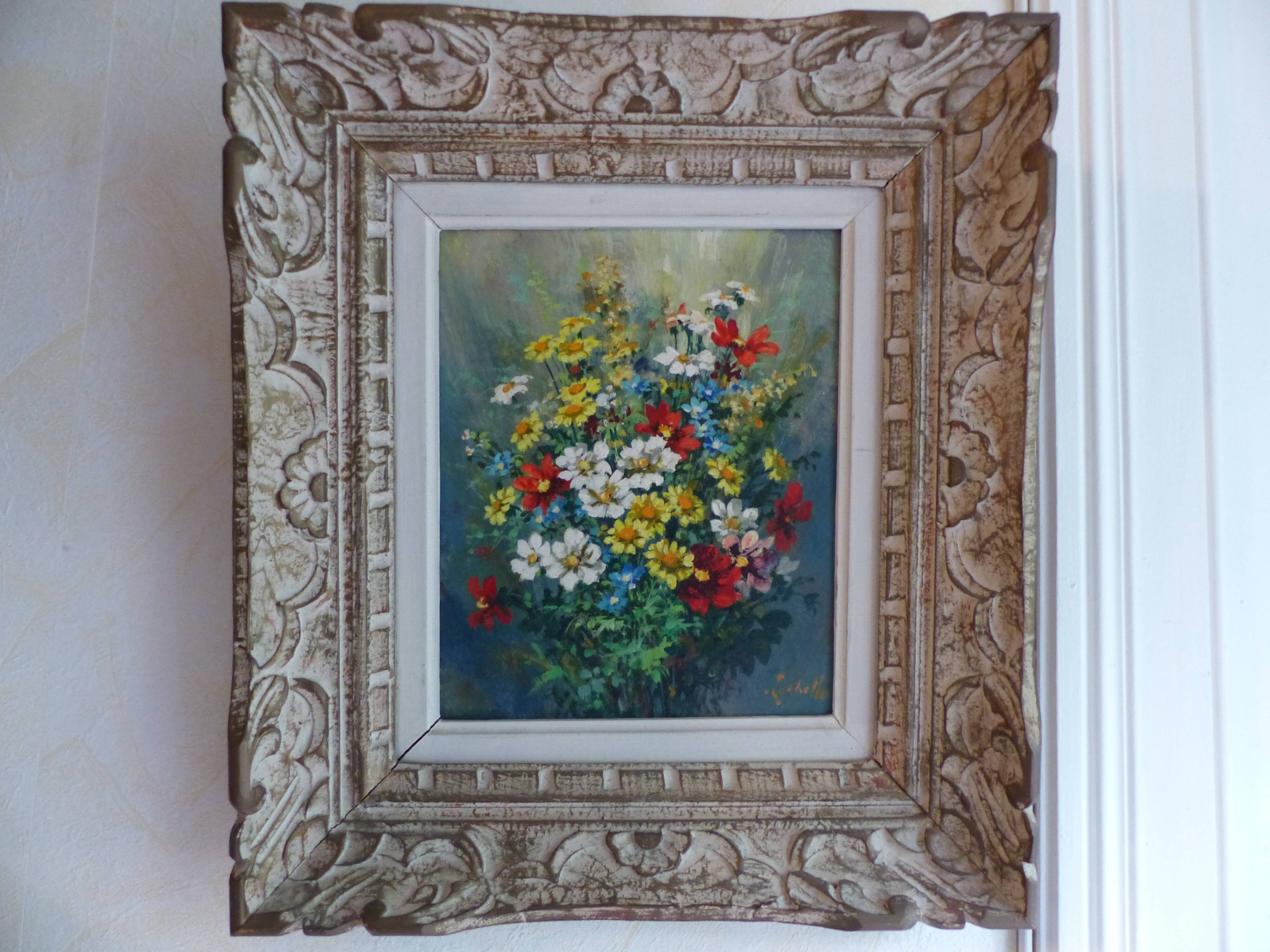 Tableau bouquet de fleurs, huile sur isorel