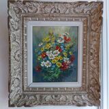 Table bouquet of flowers, oil on isorel
