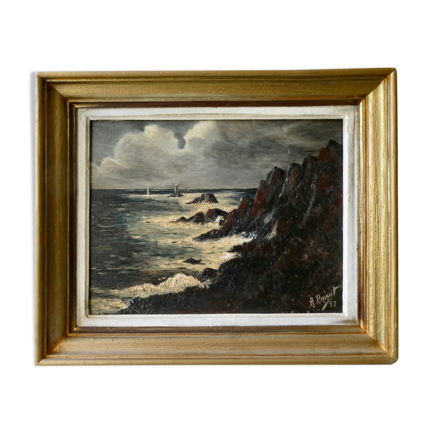 Table, oil on panel, the tip of the Raz, seaside, signed
