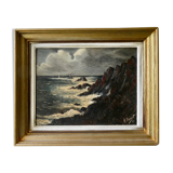 Table, oil on panel, the tip of the Raz, seaside, signed