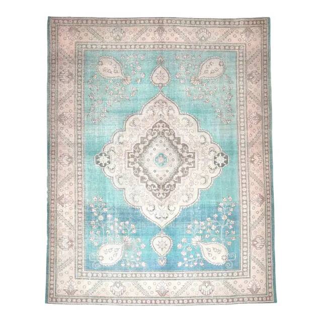 1960s Vintage Persian Handmade Wool Cotton Turquoise Area Rug 293x378