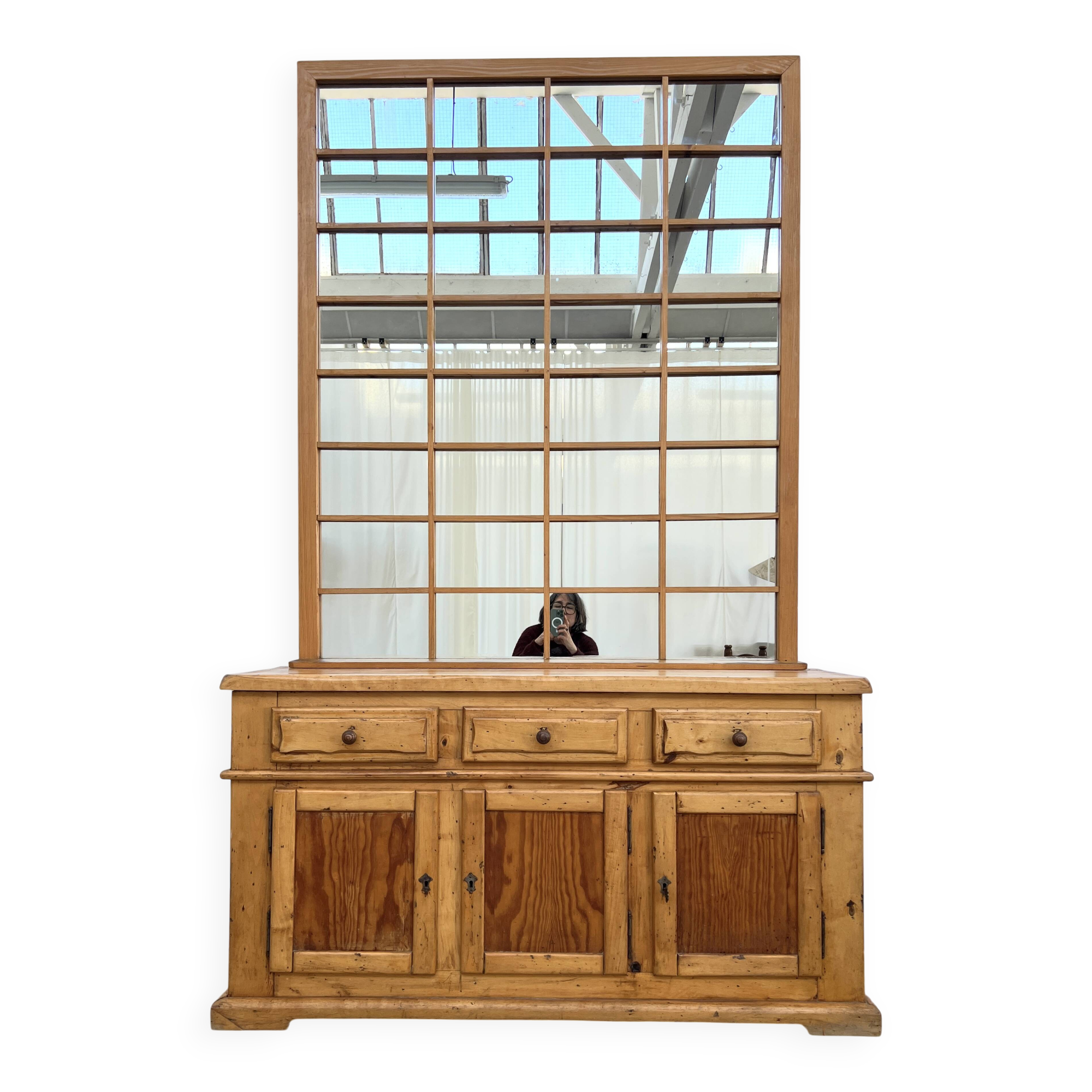 Buffet & Mirror XXL "Workshop Spirit" Set – Patinated Pine