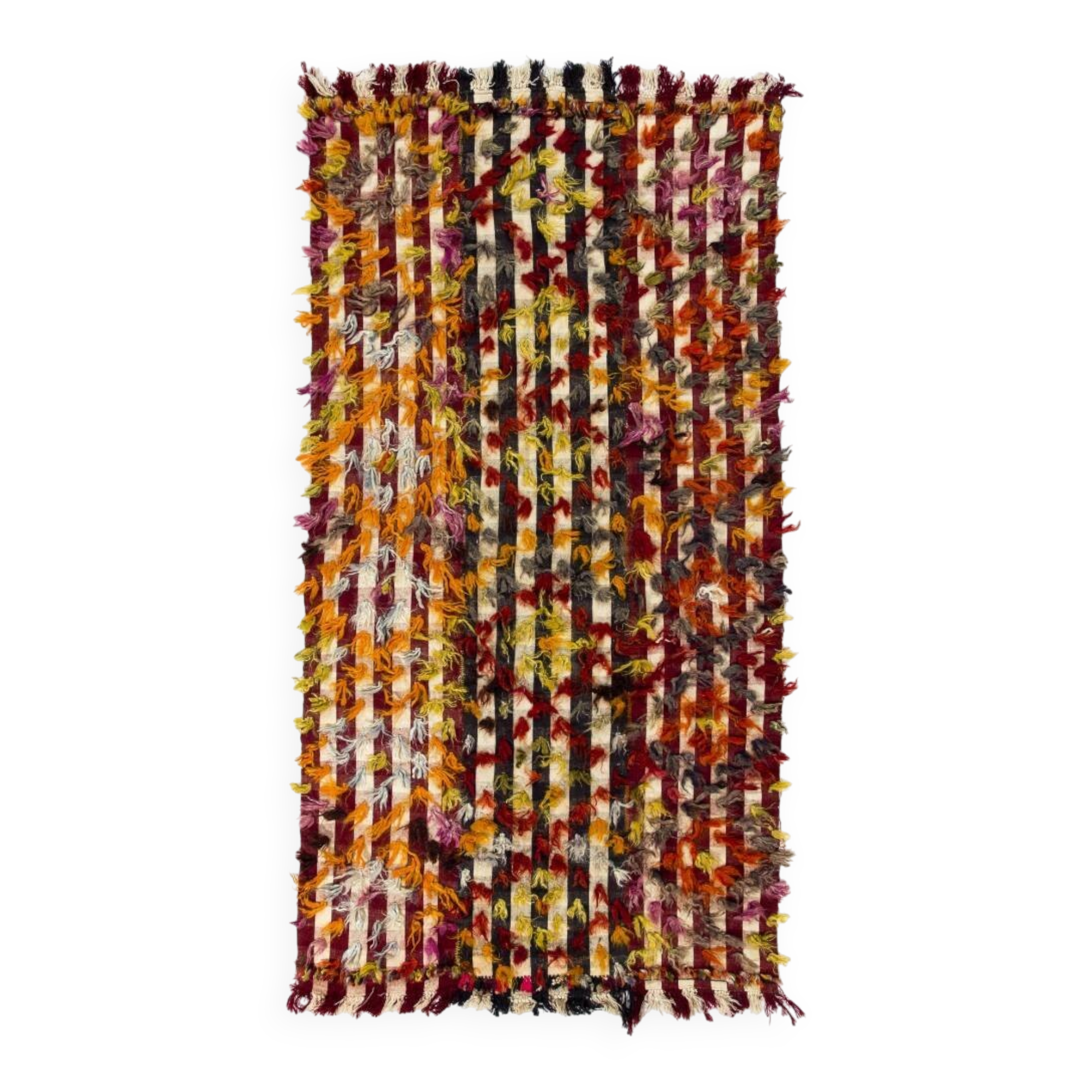 Vintage Turkish Kilim Rug with Colorful Pom Poms, Bed and Sofa Cover