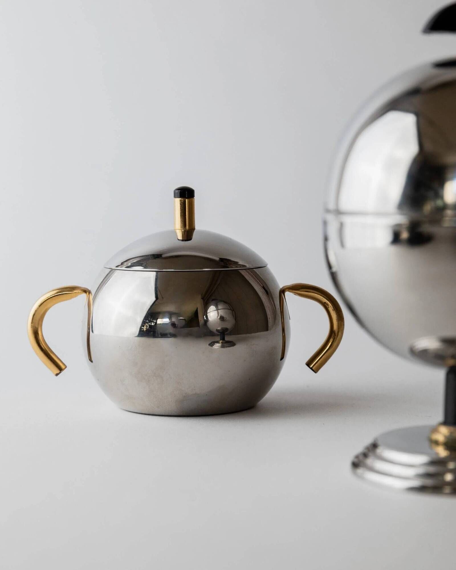 Vintage 1980s set of sugar or jam bowls, stainless steel and brass serving bowls, elegant postmodern tableware, breakfast service, gift idea.