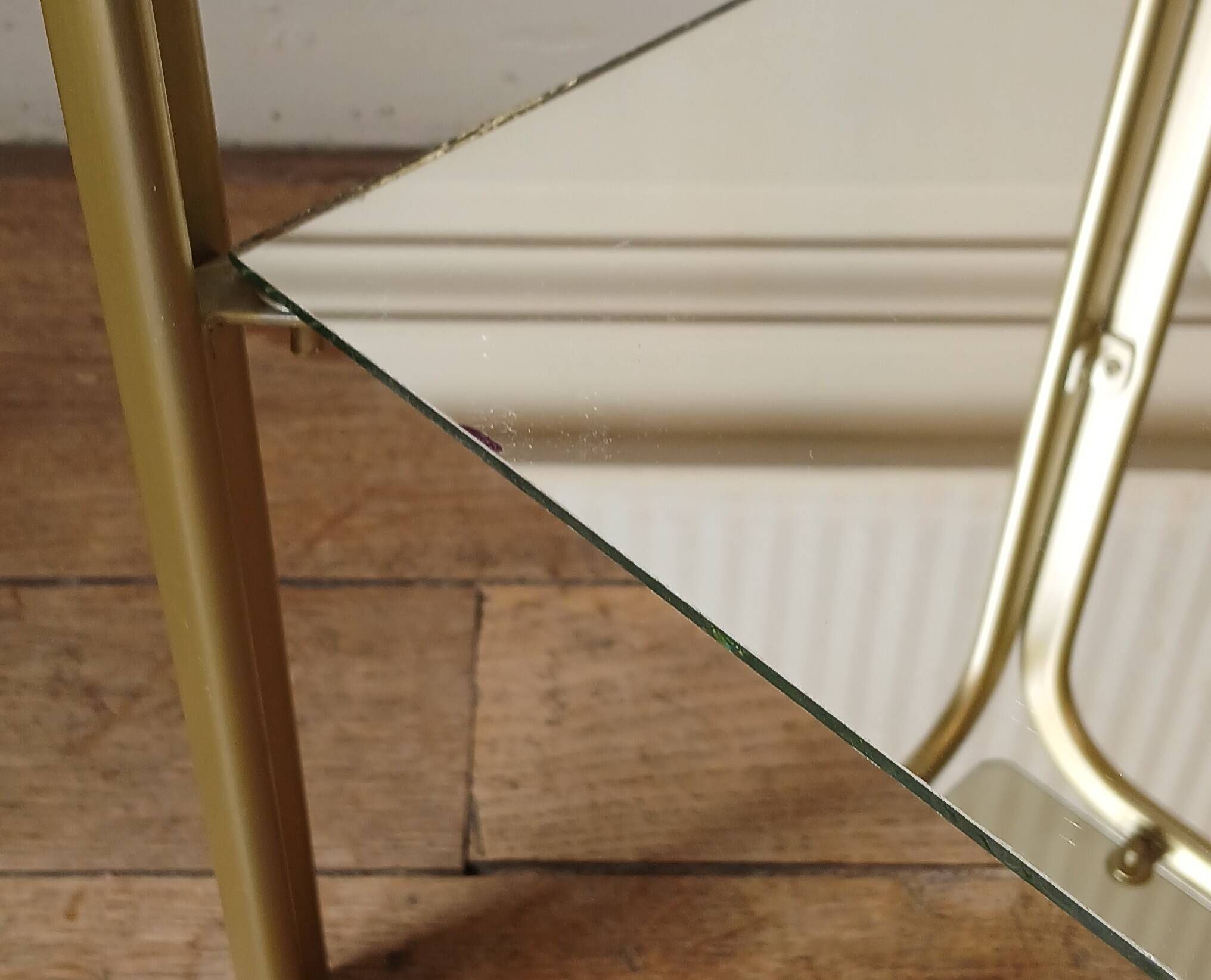 Bolster side table in gold metal, smoked glass & mirror Hollywood Regency 80's