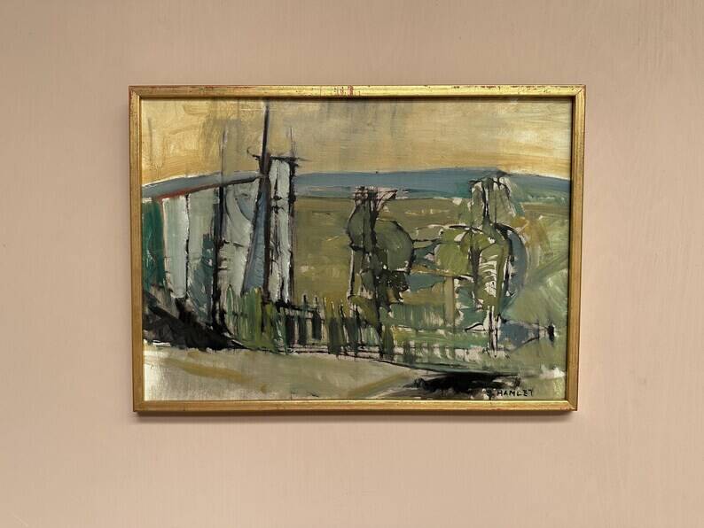 Original Swedish Oil on Canvas – “Abstract Landscape” by S. Hamlet – Dated 1960 – Vintage and Framed – 66 × 48 cm (26" × 18.9")