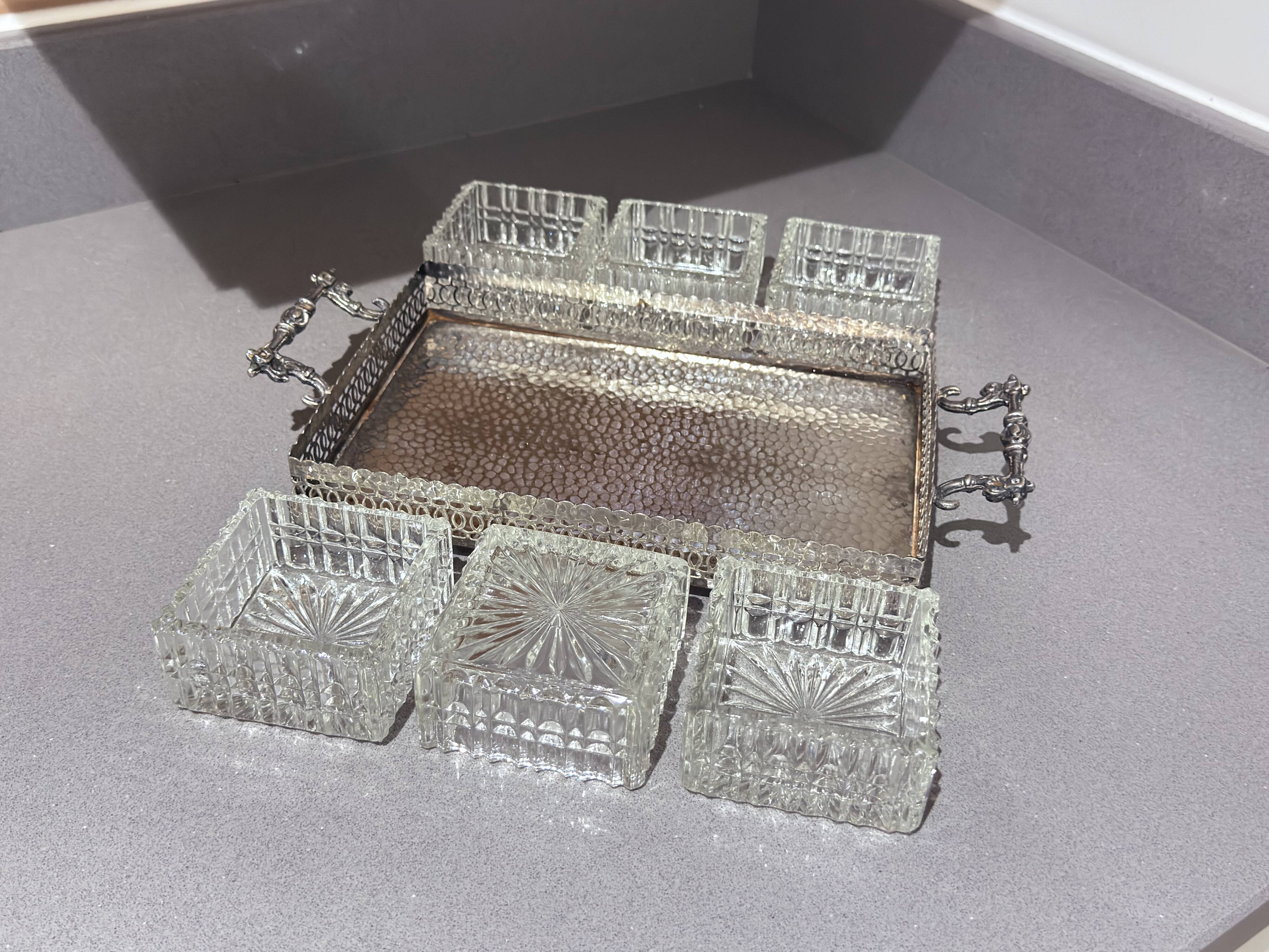 Silver-Plated Tray with Six Cut Glass Dishes, Vintage Entertaining Set