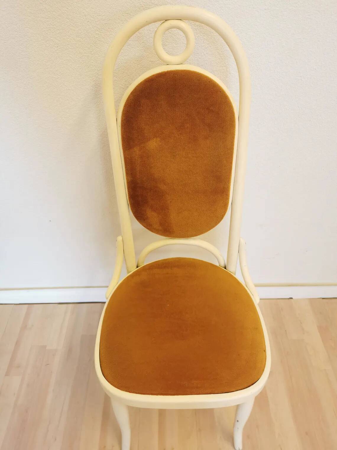 Vintage Thonet Bentwood Dining Chair: White Wood, Yellow Fabric, 1970s Yugo