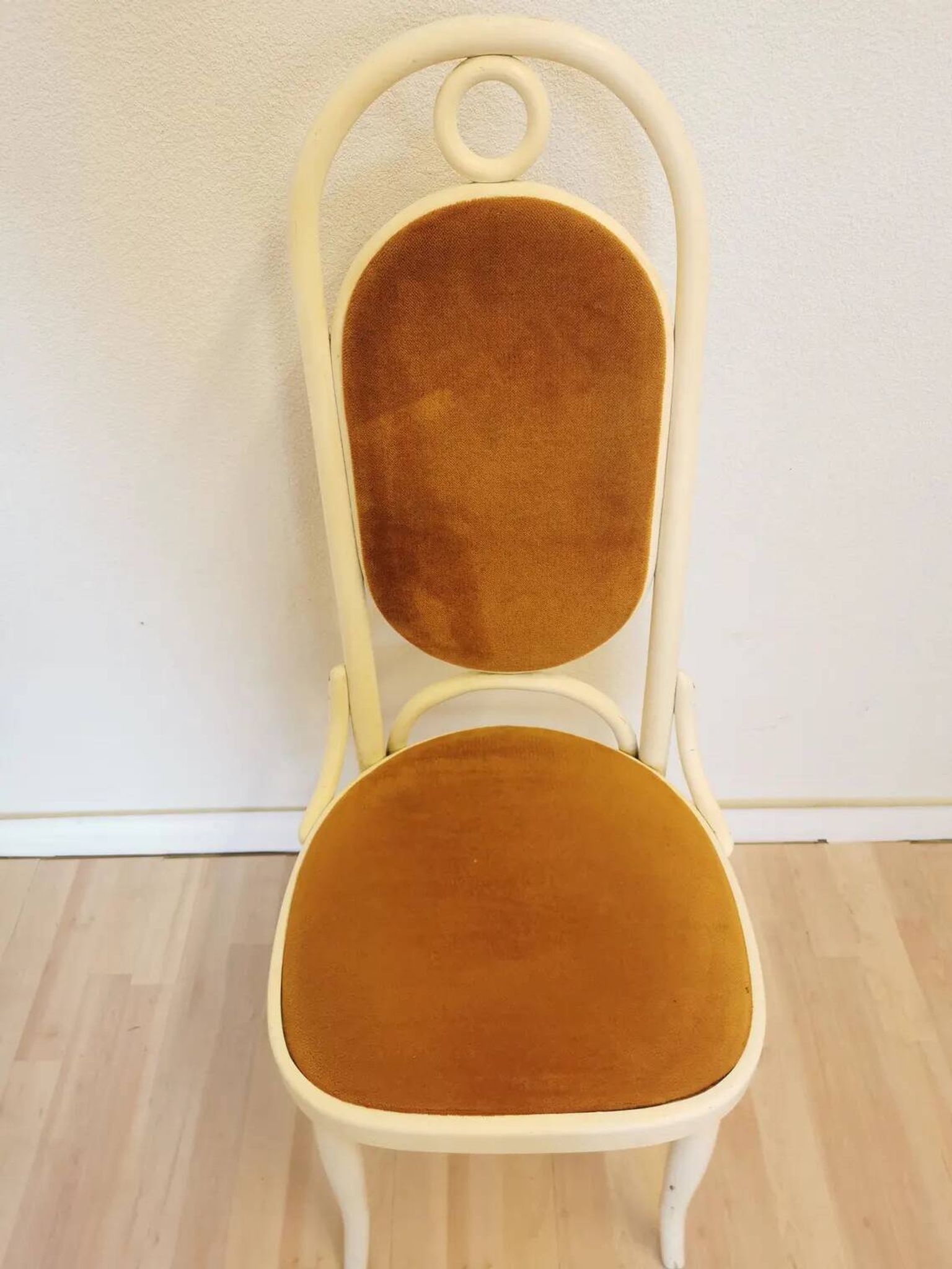 Vintage Thonet Bentwood Dining Chair: White Wood, Yellow Fabric, 1970s Yugo