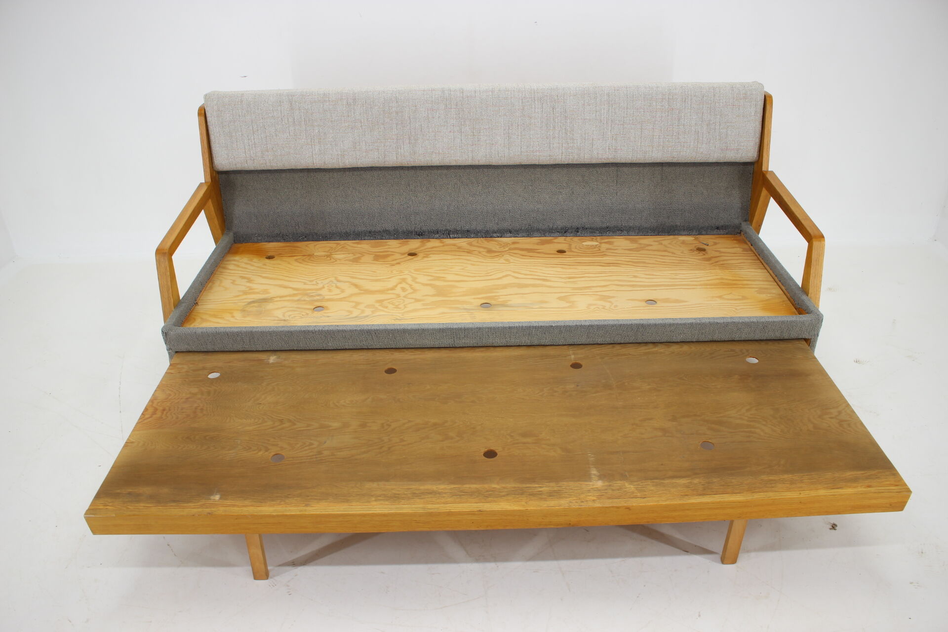 1970s oak 3-seater sofa/bed, czechoslovakia