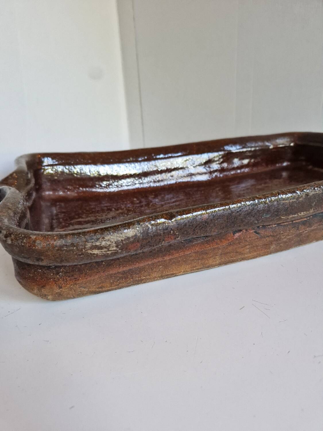 Ancien Plat À Jus Lechefrite 19e Terre Cuite Vernissée Art Populaire