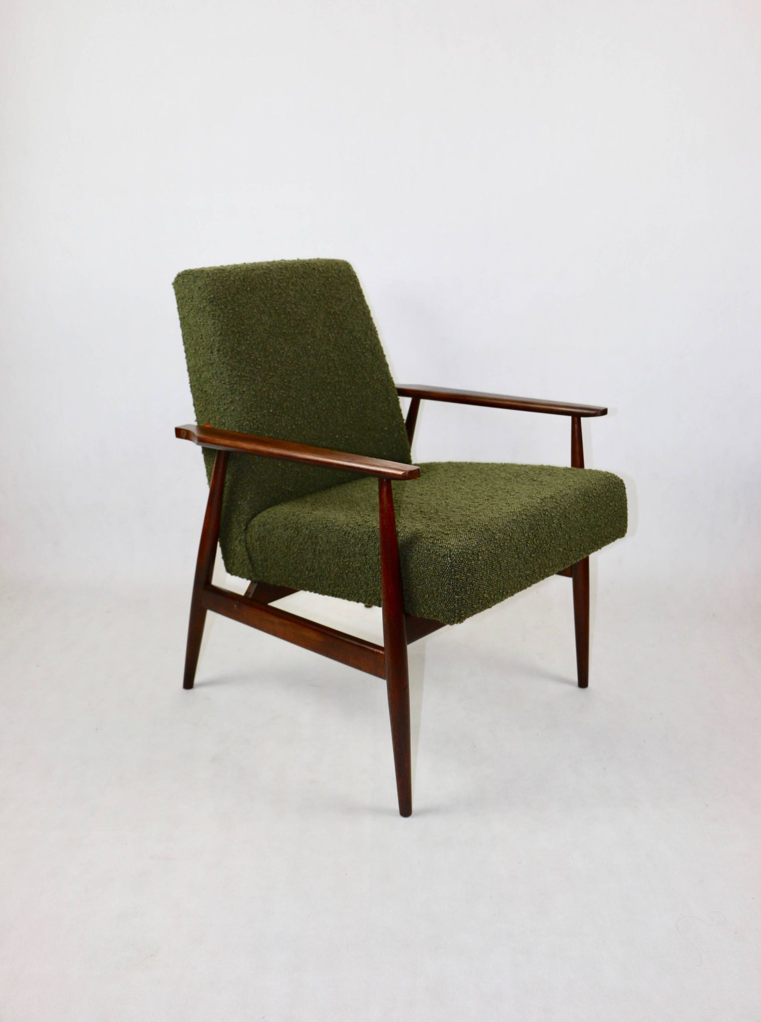 Armchair 'Lis', 1970s olive boucle, design by Henryk Lis - 2 pieces available