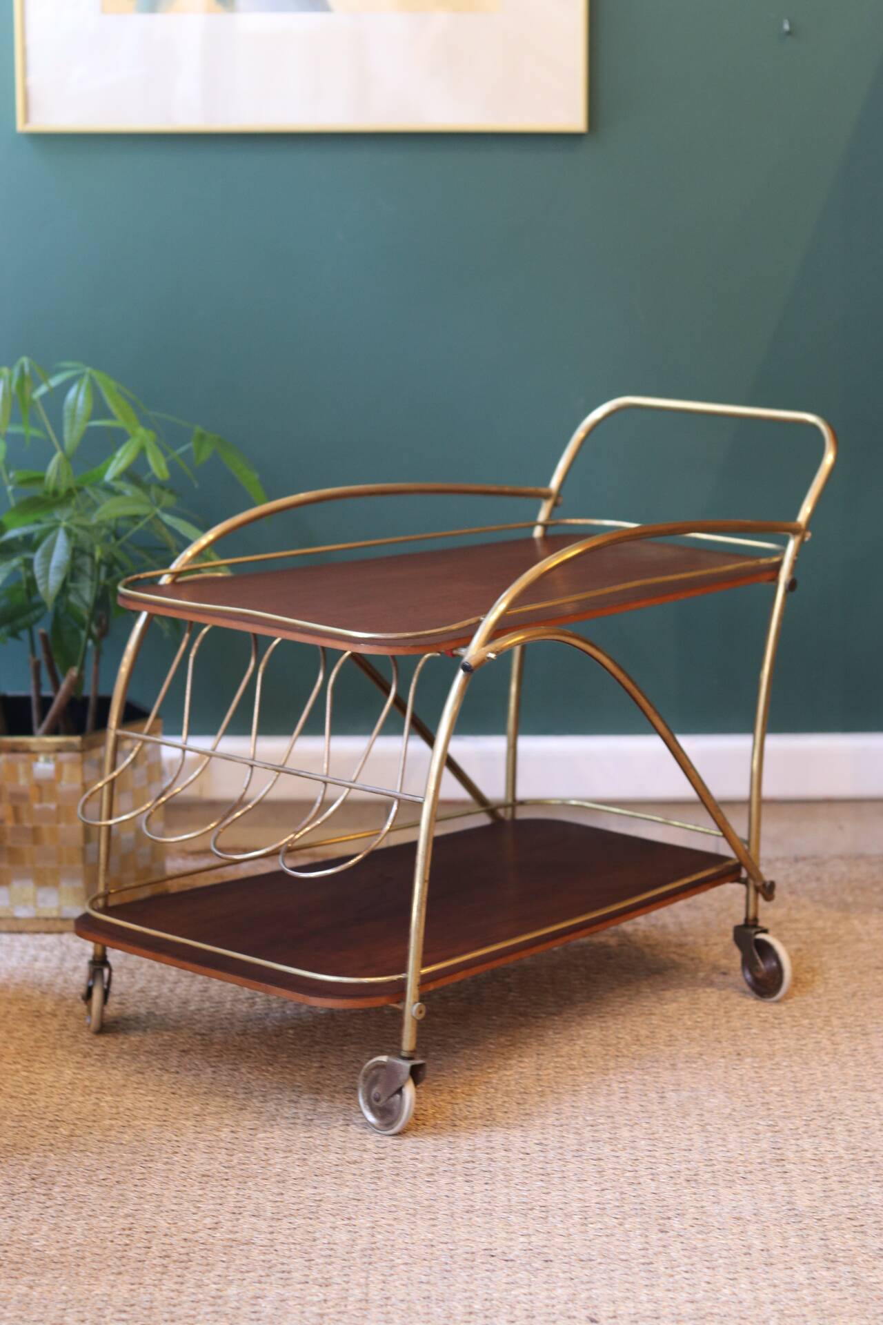 Desserte roulante vintage en laiton et teck – années 50