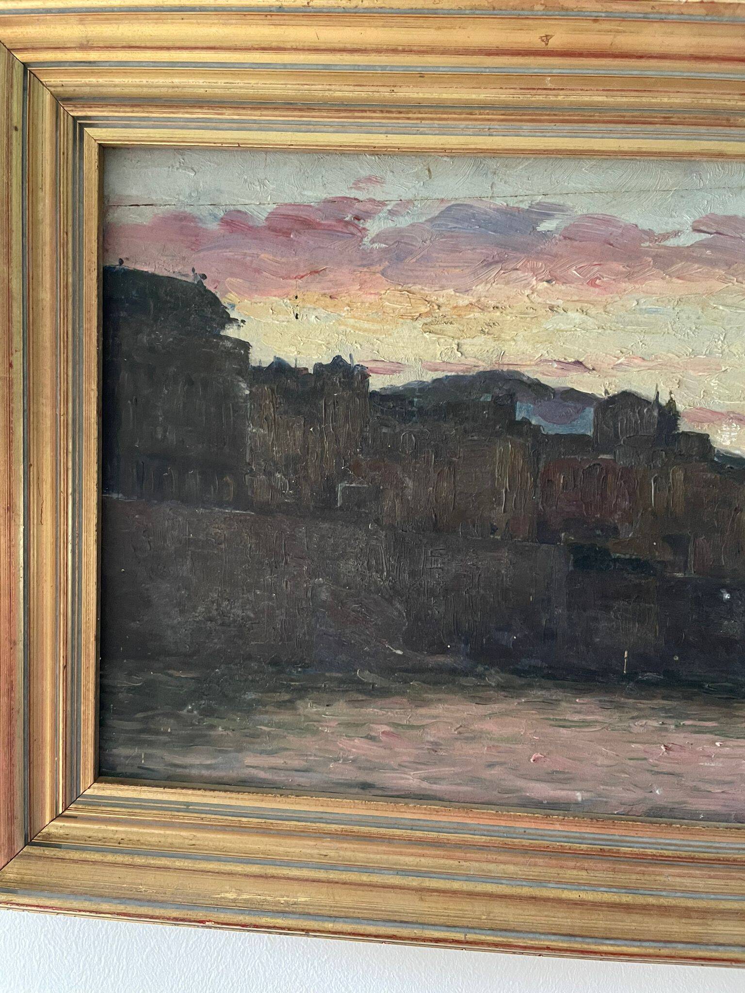 Marius Reynaud (1860 - 1935) "Algerian coastline at sunset" oil on wood