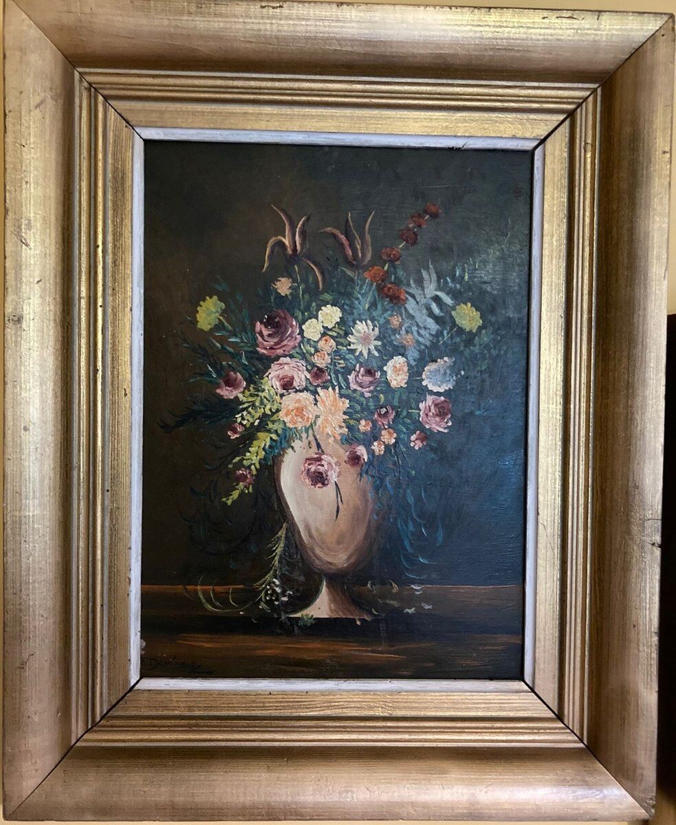 F. Domínguez, floral bodegones, 1945, oil on cardboard box, game of 2