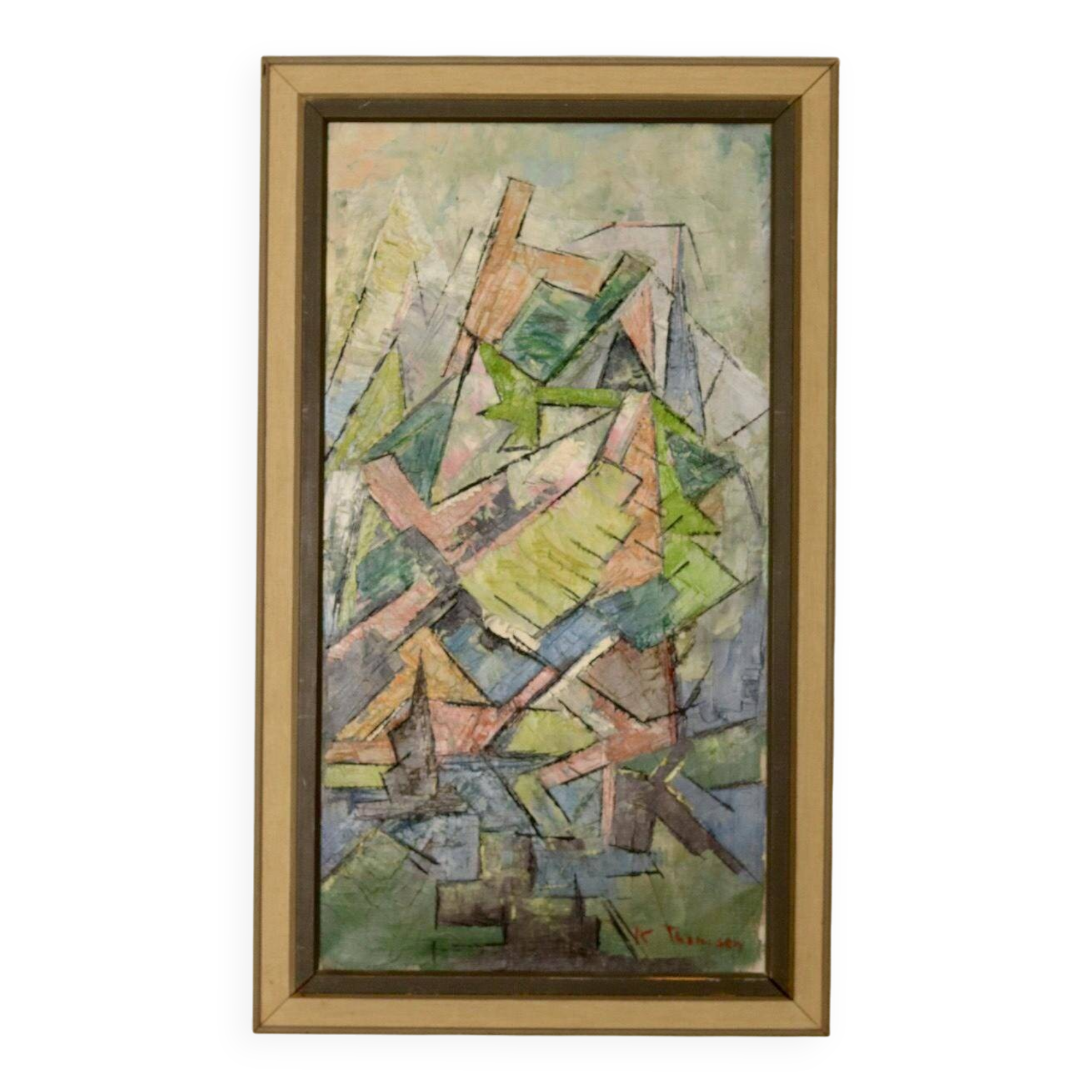 Original Swedish Mid-Century Oil on Canvas" Cubist Composition" by K. Thomsen - Vintage and Framed