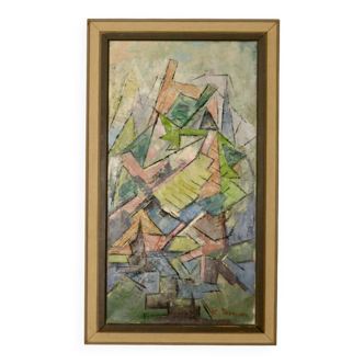 Huile sur toile originale suédoise du milieu du siècle « Composition cubiste » de K. Thomsen - Vintage et encadrée
