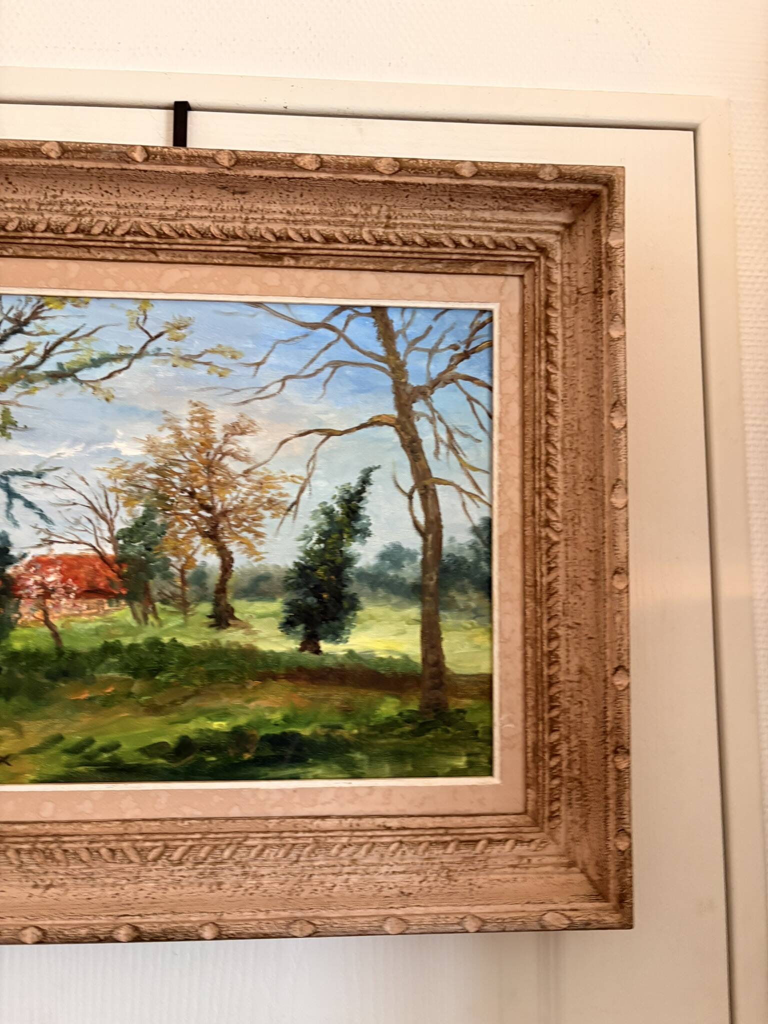 Old painting Oil on canvas Countryside Landscape House Garden Tree N