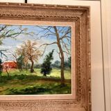 Old painting Oil on canvas Countryside Landscape House Garden Tree N