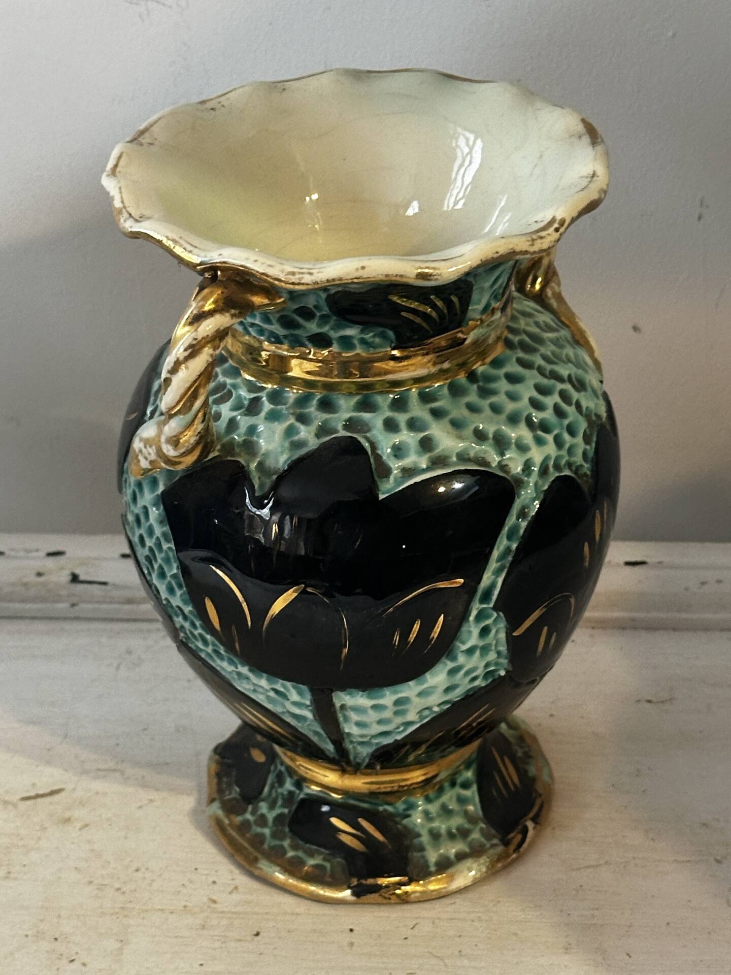 Pair of Vallauris vases in turquoise and black ceramic enhanced with o