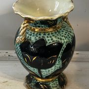 Pair of Vallauris vases in turquoise and black ceramic enhanced with o