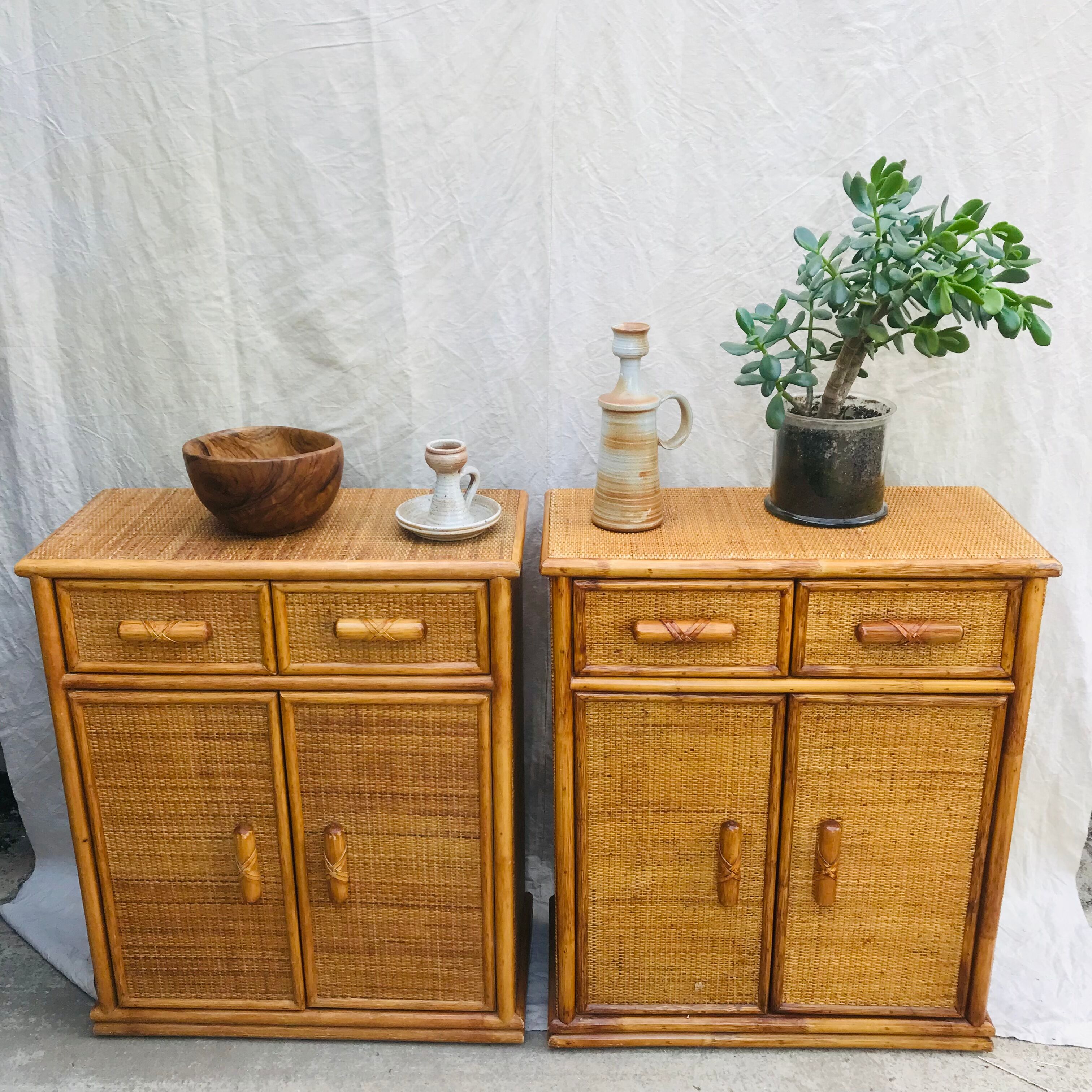Pair of sideboards in rattan and wicker braided vintage 1970.