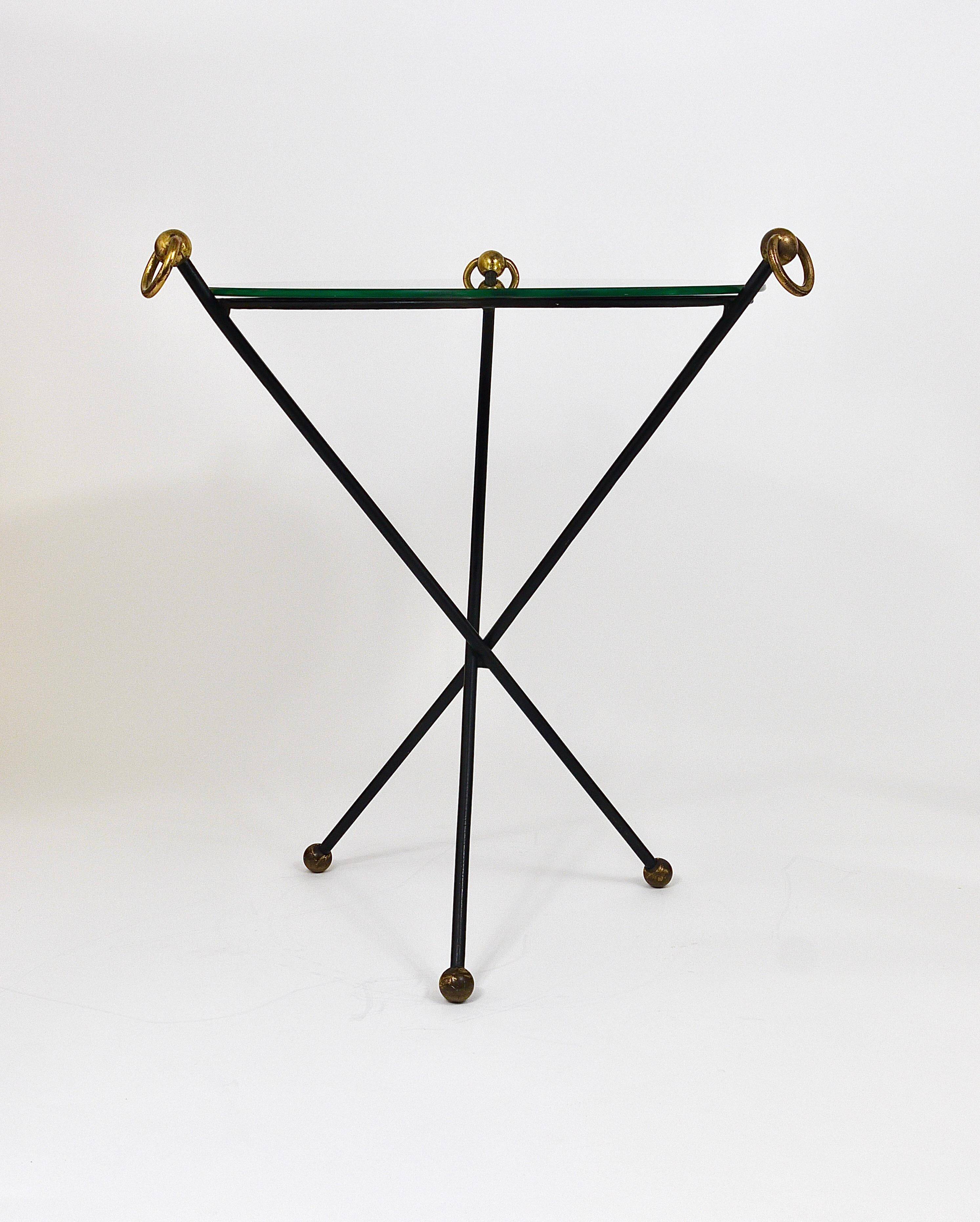 French mid-century mirror side table, Jacques Adnet style, brass, 1950s.