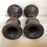 Pair of large twisted wooden candlesticks