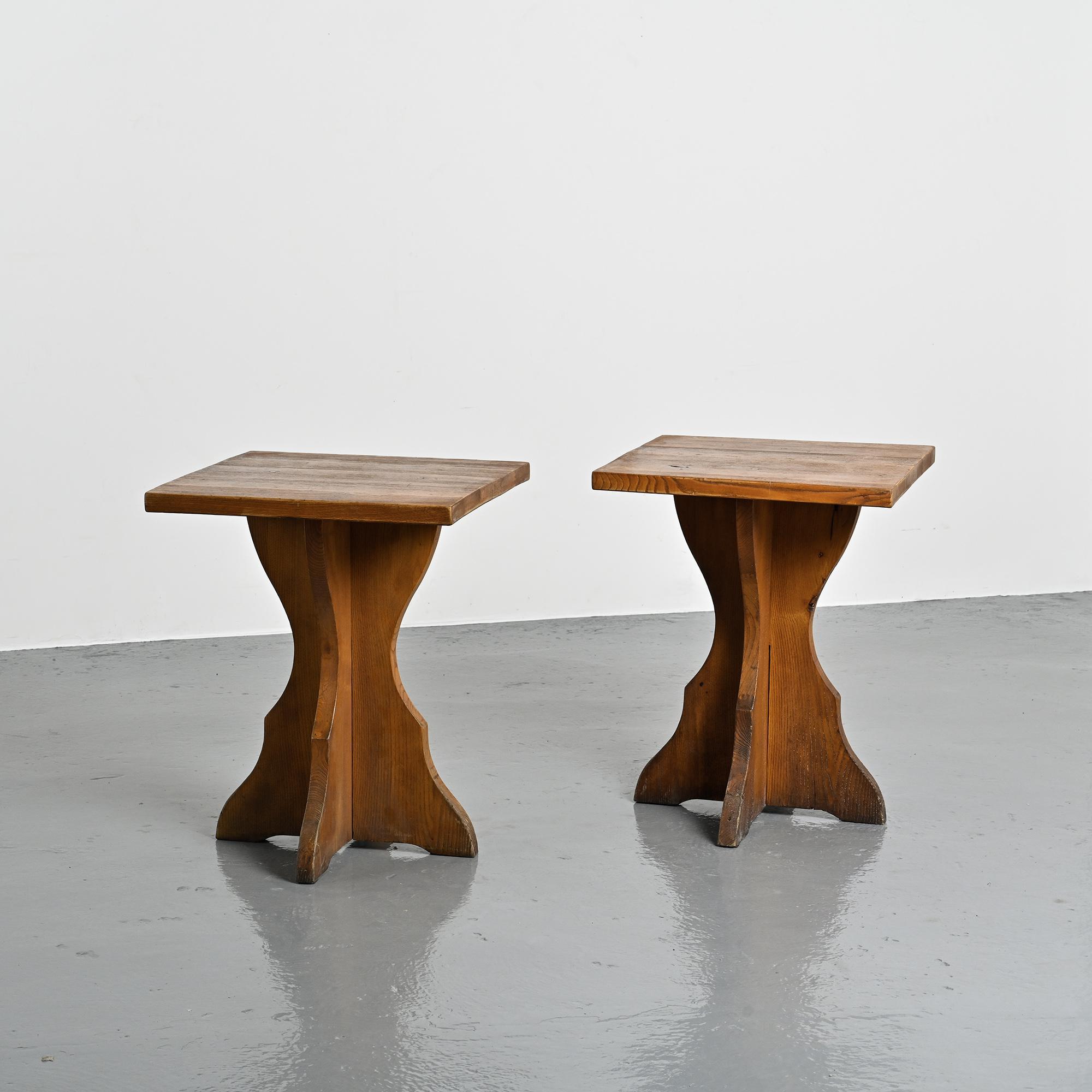 Pair of solid pine side tables, French Alps, circa 1970.