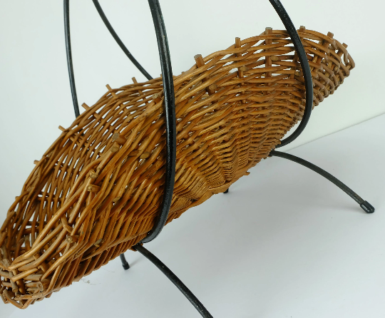 willow BASKET with black metal frame mid century 1950s fruit basket