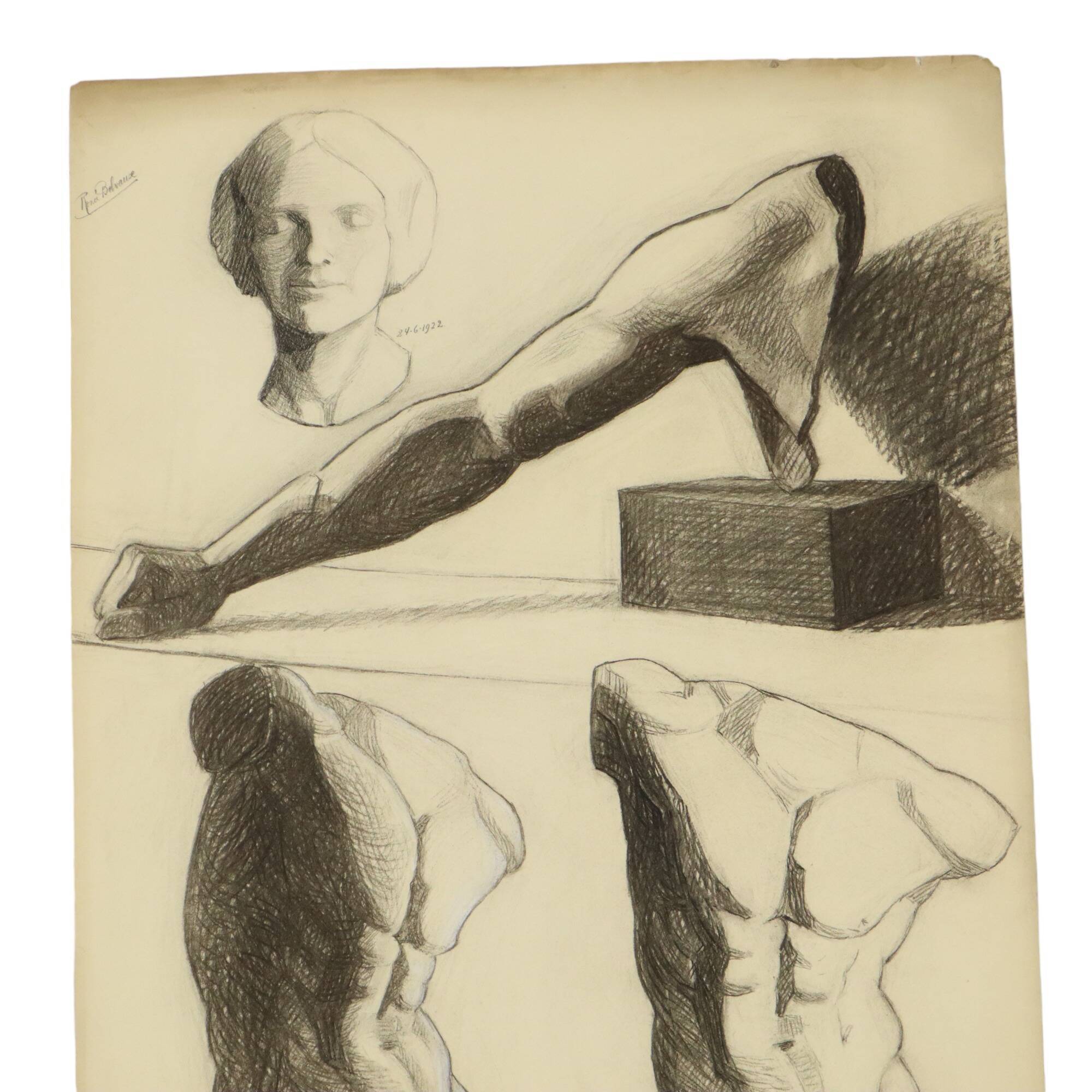 Large Academic Drawing Renée Belvaux (1903-1984) Male Nude 85x60cm