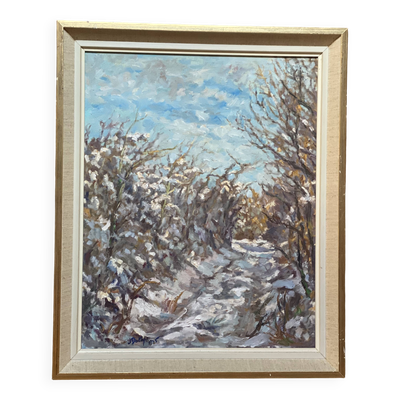 Tableau ancien signé, chemin sous la neige, Vienne, Dauphiné