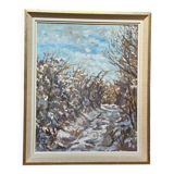 Old signed painting, path under the snow, Vienne, Dauphiné