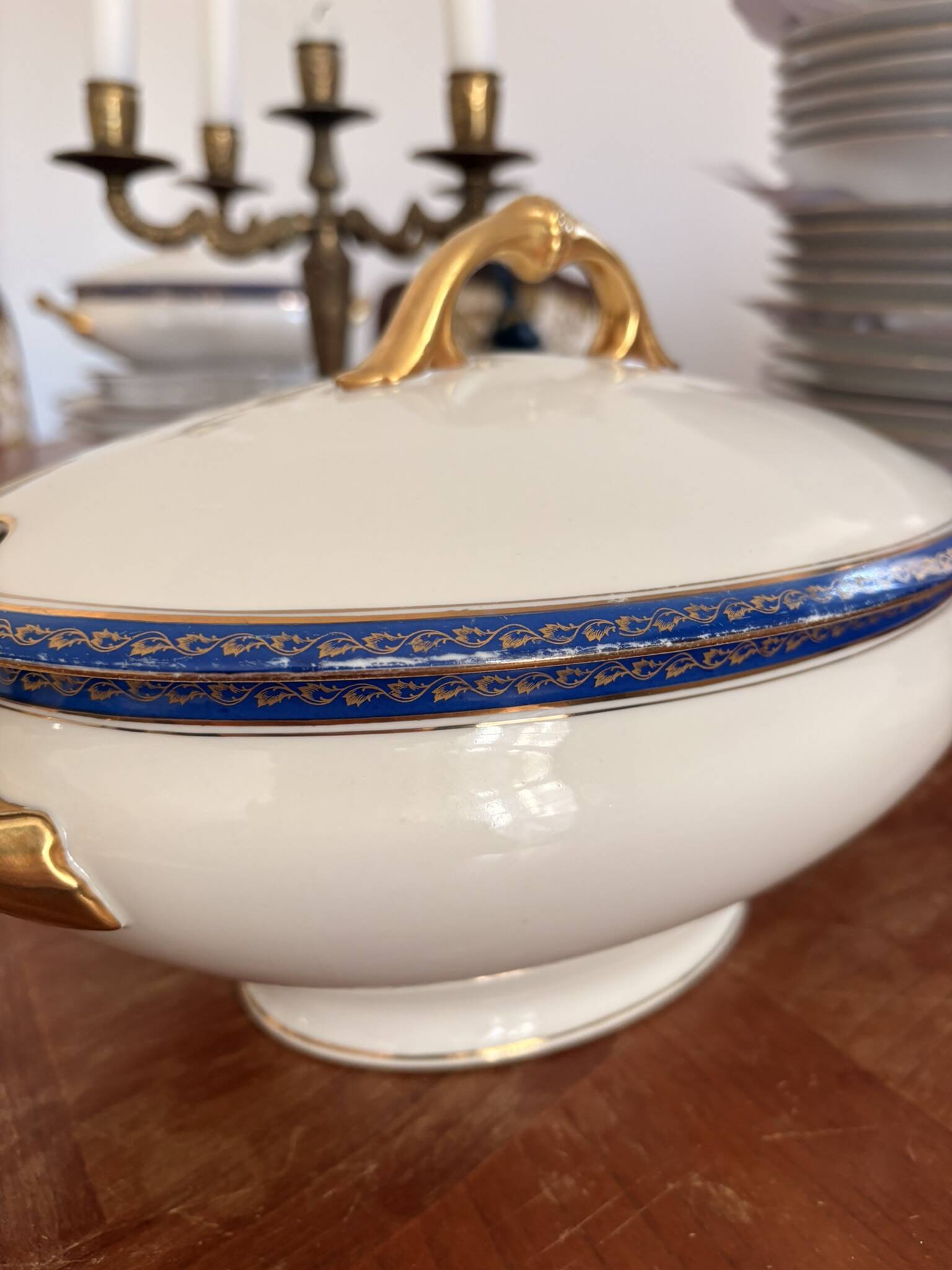 Large Soup Tureen Porcelain Limoges Blue Gold Betoule & Legrand France 1/2