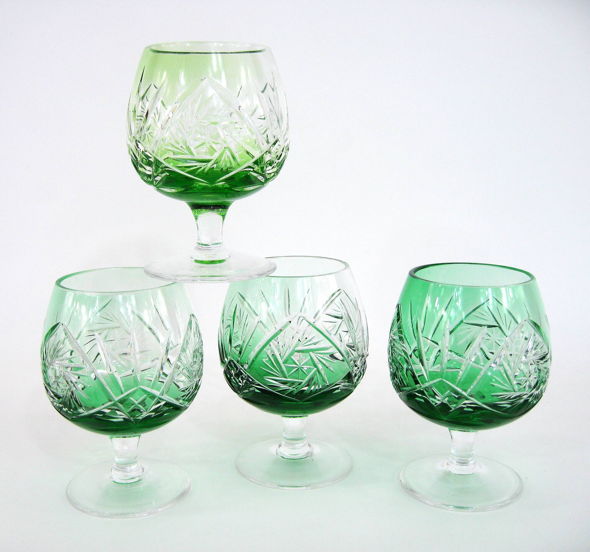 4 green cut crystal liqueur glasses - made in Germany - vintage 60s