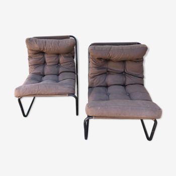 Pair of armchairs structure and brown canvas vintage 60s