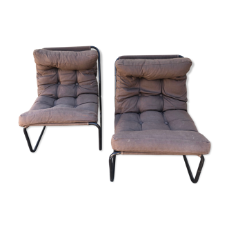 Paire de fauteuils structure et toile marron vintage années 60