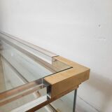 Coffee table with sliding shelf in lucite, brass and glass, Hollywood Regency