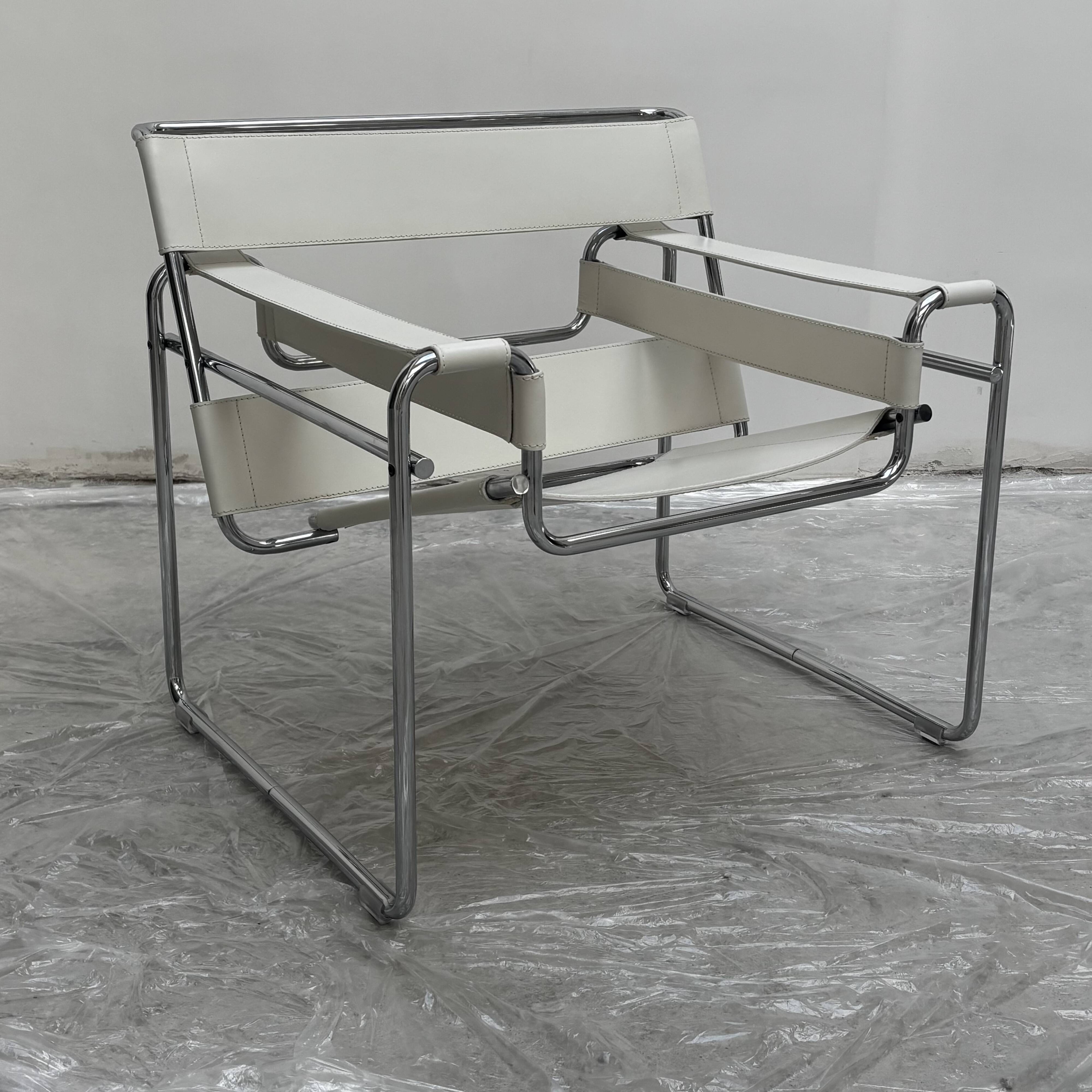 "Wassily" armchair by Marcel Breuer for Gavina in white leather.