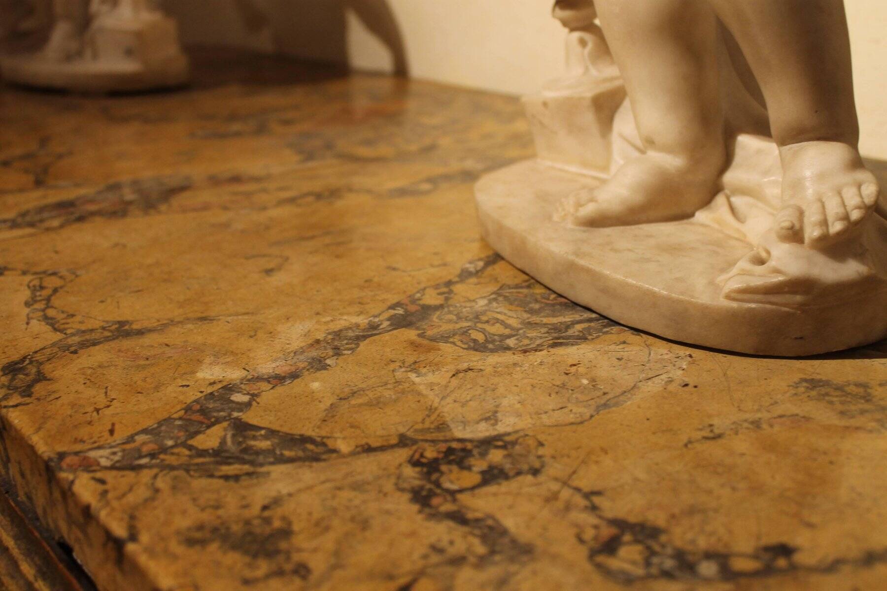 Italian Louis XVI White Lacquer and Giltwood Console with Scagliola Siena Marble Top