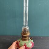 French vintage oil lamp with majolica and glass base