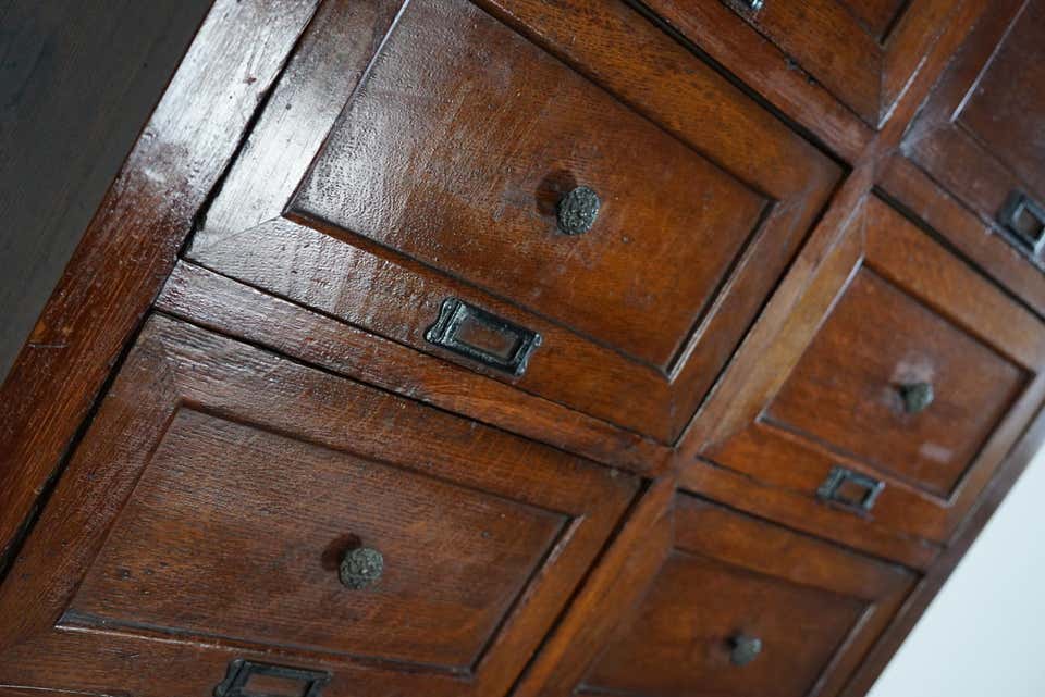 1870s oak apothecary cabinet