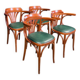 Set of 4 wooden bistro armchairs with green leatherette trim from the 80s, France