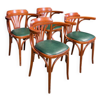 Set of 4 wooden bistro armchairs with green leatherette trim from the 80s, France