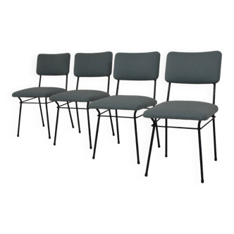 Lot de 4 chaises des années 1950 en tissu bleu ciel